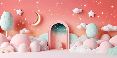 Whimsical Advent Calendar Revealing Fantastical Portals in Pastel Digital Landscape