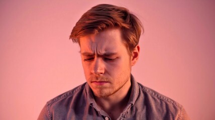Obraz premium Portrait of a jaded young caucasian man isolated on pink background with copy space