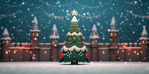 Whimsical Fantasy Christmas Tree in Snowy Village Landscape