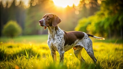 A majestic German Shorthaired Pointer dog stands alone in a lush green meadow, its liver and white coat glistening in the warm sunlight.