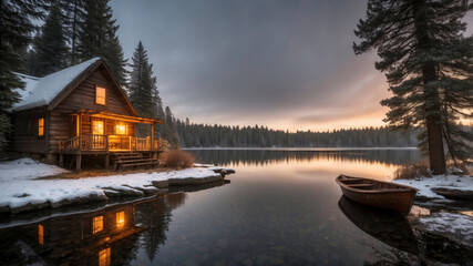 Fototapeta premium cozy wooden cottage at sunset with a pier surrounded by a picturesque frozen lake and snow-covered landscape