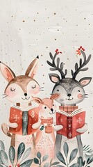 Woodland Animals Singing Christmas Carols in Watercolor Style