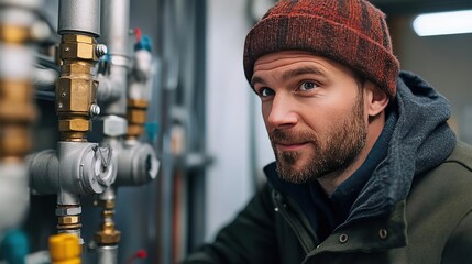 A skilled plumber working on a complex piping system, showcasing professionalism and expertise in a well-equipped workshop.