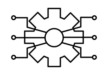 Icono negro de engranaje con conexiones representando el desarrollo.