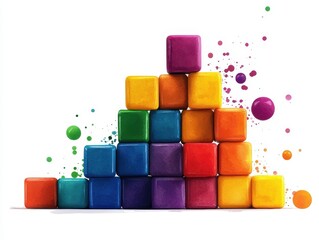 Obraz premium Colorful blocks arranged in a pyramid shape with splashes of paint, perfect for children's toys or creative concepts.