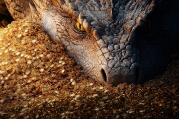 Obraz premium A highly detailed and realistic depiction of a dragon guarding a treasure hoard of gold coins. The dragon's eyes are piercing and its scales are rugged, highlighting its mythical nature.