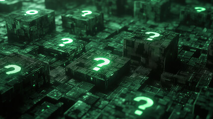 Digital question mark boxes create mysterious atmosphere in tech inspired landscape