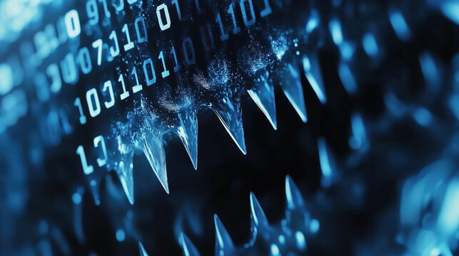 Sharp fangs of cyber bug with binary code in blue tones create striking visual