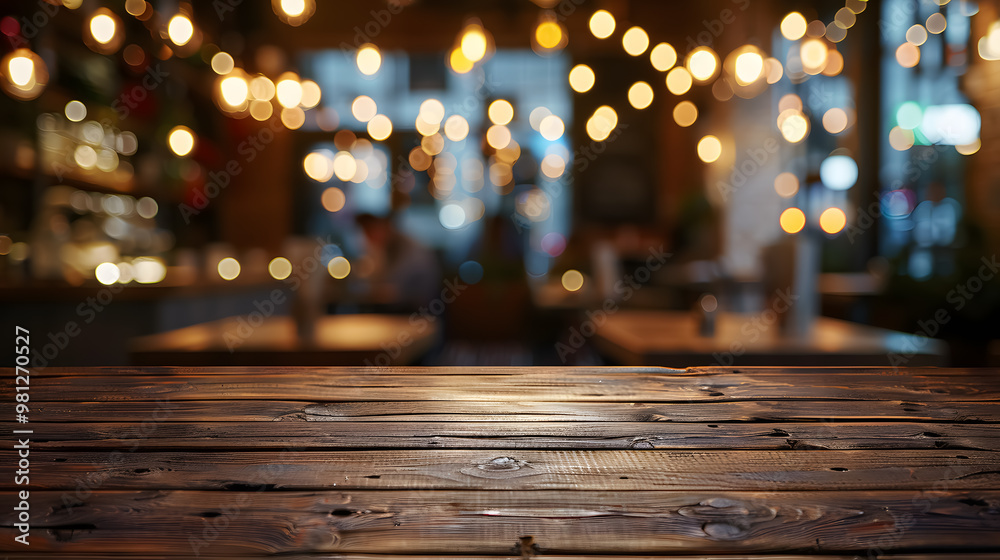 Wall mural empty wooden table top with lights bokeh on blur restaurant background