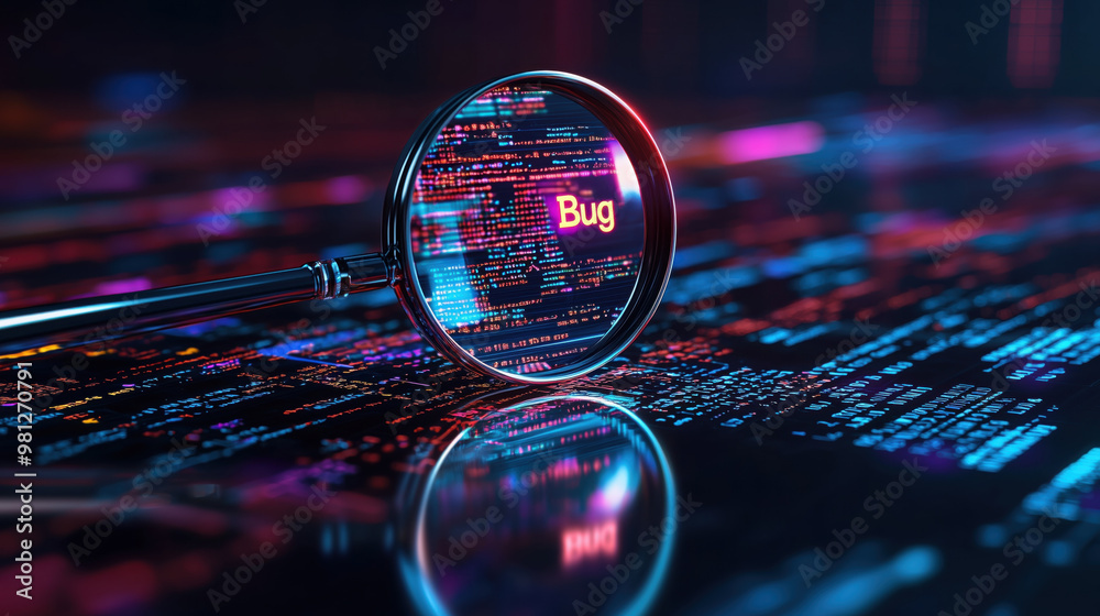 Poster a magnifying glass reveals bug in code, highlighting importance of debugging