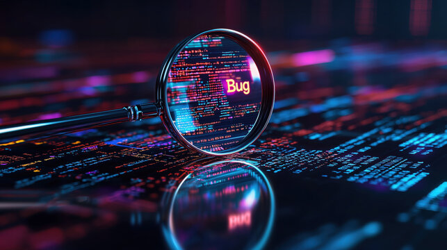 A magnifying glass reveals bug in code, highlighting importance of debugging