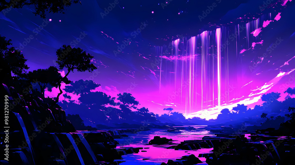 Sticker Neon Waterfall in a Dreamy Forest