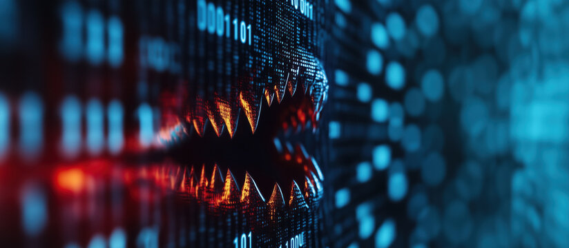 Cyber bug with sharp fangs emerging from digital data, creating striking visual