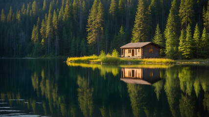 Fototapeta premium a wooden cabin by a calm lake, surrounded by a dense pine forest. The water reflect the cabin and trees, creating a mirror-like effect, while soft morning light bathes the scene in a peaceful glow.