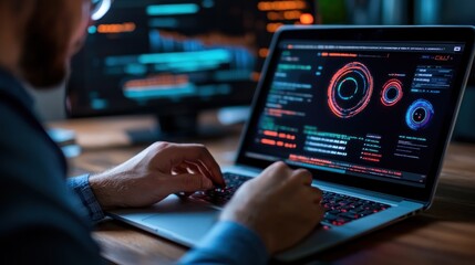 The programmer focuses intently on dynamic data visualizations displayed on their laptop, surrounded by monitors showcasing real-time analytics in a contemporary workspace