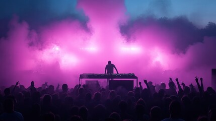 The atmosphere is dynamic as a DJ captivates the audience with his performance, surrounded by swirling smoke and colorful lights at a lively outdoor festival after sunset