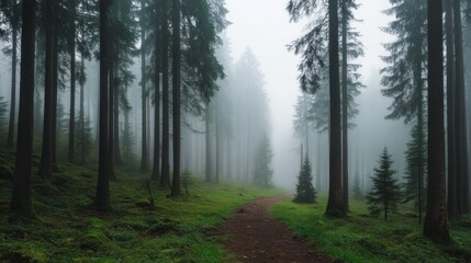 A tranquil pathway winds through a dense forest, enveloped in mist and surrounded by towering trees, creating an enchanting atmosphere perfect for hikers and nature lovers