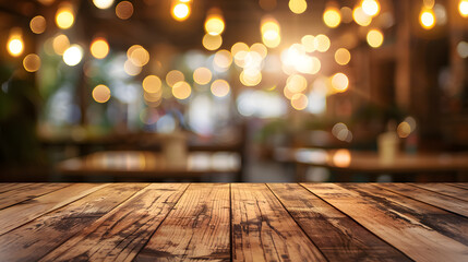 Empty wooden table top with lights bokeh on blur restaurant background