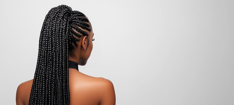 Close-up back view of a beautiful Black woman with long box braids in a ponytail against a white background