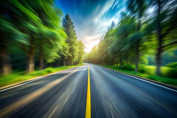 An empty road is depicted with a blurred background to convey motion. AI Generative
