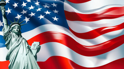A statue of liberty is on top of a red, white and blue American flag