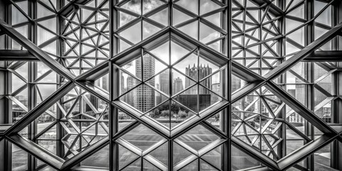 Intricate geometric architecture seen through a monochrome glass window, geometry, architecture, glass, window, monochrome