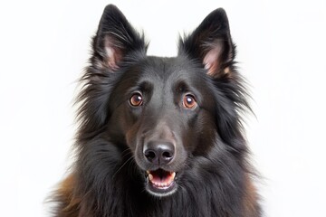 Fototapeta premium Adorable Belgian Sheepdog displays shocked expression, ears perked, fur fluffed, and eyes wide with wonder, isolated on a clean white background, exuding innocent curiosity.