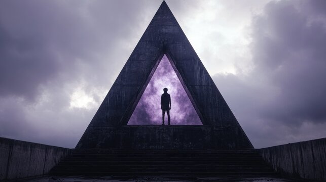 A solitary person is positioned within a striking triangular monument, surrounded by swirling clouds and creating an ethereal atmosphere during twilight