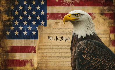 A bald eagle stands in front of the American flag and the words "We the People"