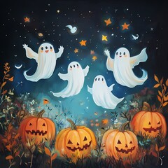 Ghostly Enchantment: Friendly Spirits Celebrating in Starlit Pumpkin Patch