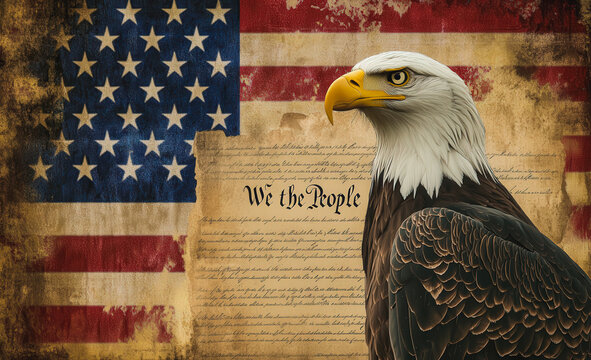 A bald eagle stands in front of the American flag and the words "We the People" - Powered by Adobe