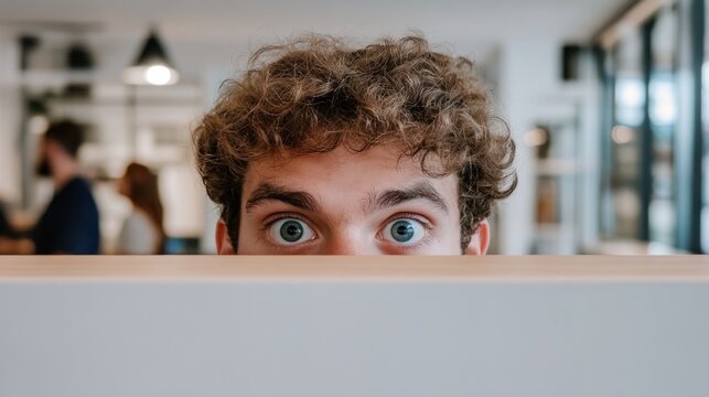 A young man with curly hair and striking blue eyes peeks over a desk, displaying curiosity in a vibrant, open office environment filled with professionals