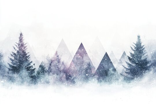 Watercolor Illustration of Snowy Mountains with Pine Trees