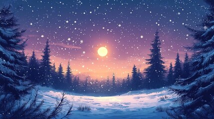 Fototapeta premium A serene winter landscape featuring snow-covered trees, a glowing sun, and falling snowflakes under a twilight sky.