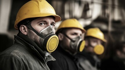 Fototapeta premium A group of construction workers in yellow hard hats and respiratory masks stands together at the construction site, highlighting the importance of safety in their work environment