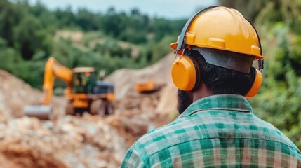 A construction worker wearing a yellow hard hat and ear protection observes machinery working on a site surrounded by greenery under a clear sky