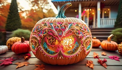 A beautifully carved pumpkin with intricate designs and bright colors, surrounded by autumn leaves in a cozy outdoor setting.