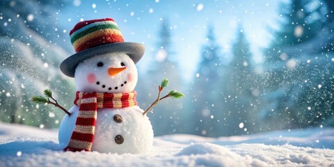 Festive snowman with a scarf, hat, and carrot nose in a winter wonderland setting, snowman, Christmas, holiday, decoration, festive
