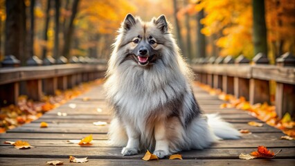 Adorable fluffy Keeshond dog with silver-gray coat and distinctive black tips, sitting on a wooden floor, surrounded by fallen autumn leaves and twigs.