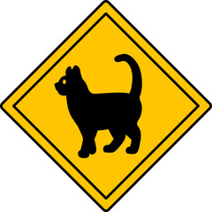 Yellow Sign Cat Crossing. Humorous Road Sign, Sticker. Vector Icon