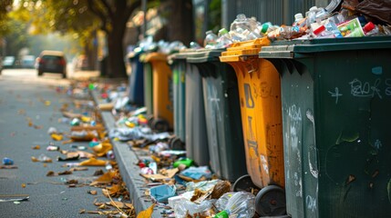 Fototapeta premium Trash Cans Overflowing on City Street