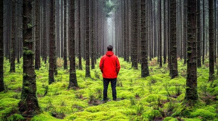 Fototapeta premium Stepping into a serene forest, a hiker in a vibrant red jacket stands among tall trees, surrounded by thick green moss and enveloped in soft morning mist