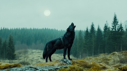 A solitary black wolf stands on a rocky outcrop, howling toward the moon amidst a tranquil forest, with tall trees shrouded in mist during dusk