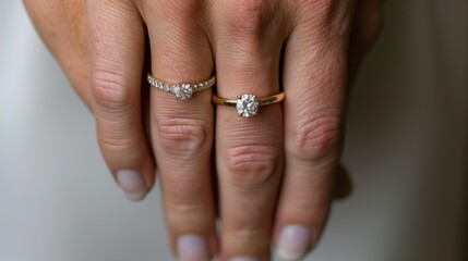 A close-up view reveals a woman's hand adorned with two stunning diamond rings, featuring intricate designs and brilliant gemstones sparkling under soft light