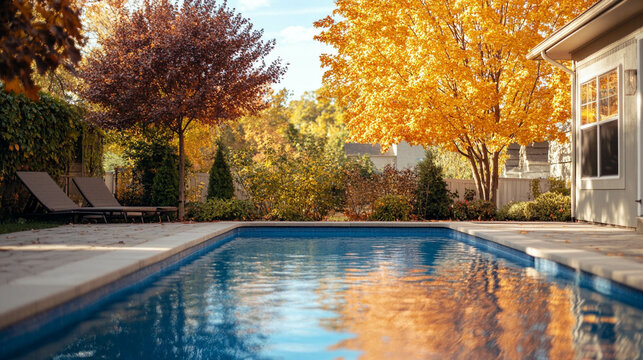 A small backyard swimming pool surrounded by fall foliage