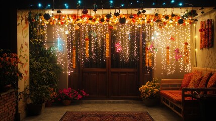 Interior of a home decorated for Diwali with lights, flowers, and hanging ornaments