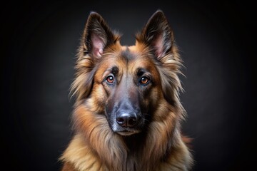 Intelligent and loyal Tervuren Belgian Shepherd dog with piercing eyes and alert expression posed on a black background with ample copy space around.