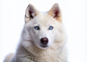 Obraz premium Majestic white Siberian husky dog with piercing blue eyes and wolf-like features poses on a clean white background, showcasing its creamy coat and regal demeanor.
