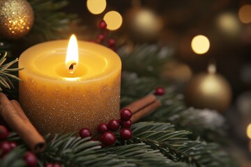 A Lit Candle Surrounded by Festive Holiday Decorations