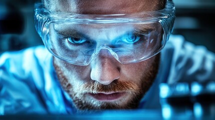 A scientist, donned in protective goggles, focuses on complex experiments in a dimly lit lab, showcasing dedication and expertise in his research